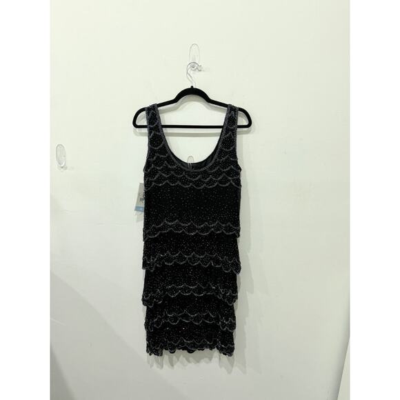 NWT Patra Mesh & Stones Beaded Scalloped Tiered Midi Dress Black Womens Size 12 - Picture 2 of 6